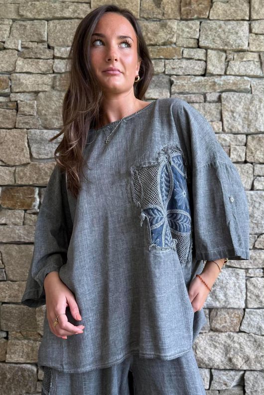 Lindin Linen Blend Crochet Flower Top Washed Charcoal